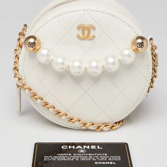 Chanel White Quilted Lambskin Leather Pearl Round Clutch with Chain Bag - Picture 12 of 12